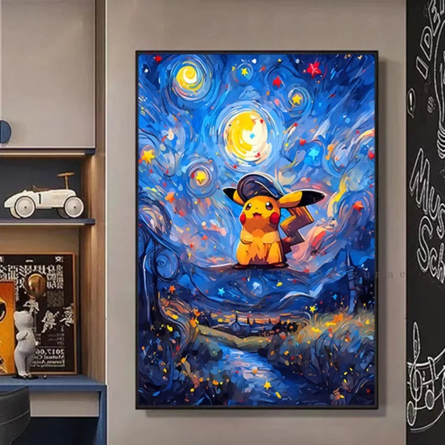 Pokmon Anime Character Pikachu Posters Van Gogh Museum Watercolor Canvas With HD Printed Wall art Pictures For Living Room Gifts