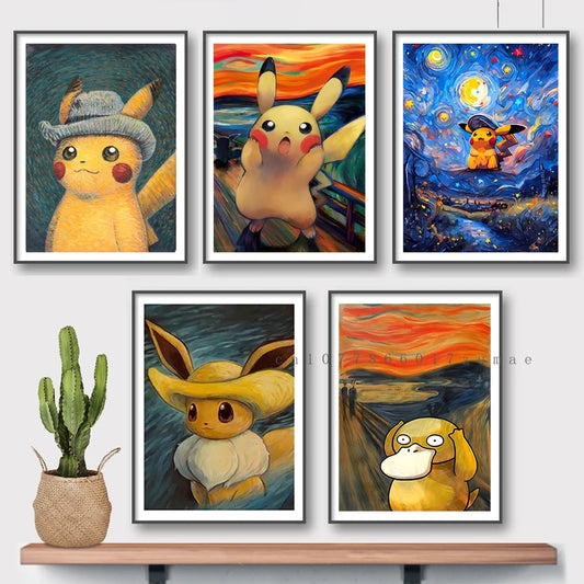 Pokmon Anime Character Pikachu Posters Van Gogh Museum Watercolor Canvas With HD Printed Wall art Pictures For Living Room Gifts
